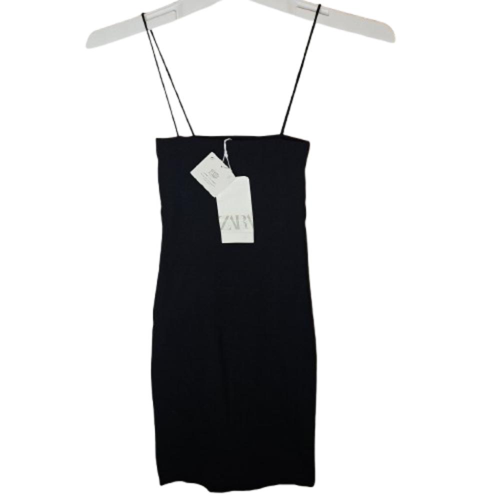 Zara Midi Tube Boho Ribbed Dress Solid Black Spaghetti Straps Chic Dark Academia